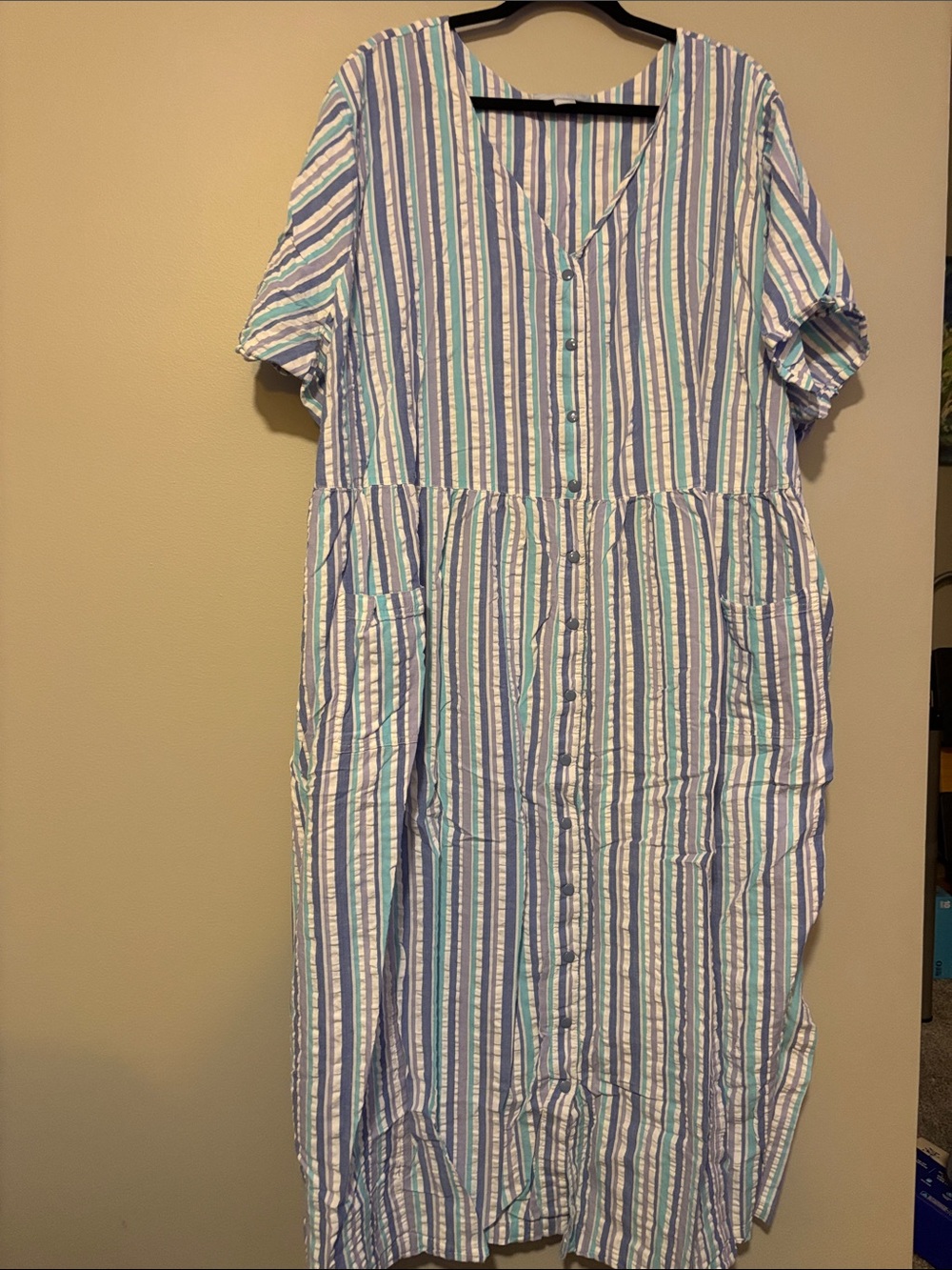 Only Necessities Blue, White & Teal Striped Button-Front Robe Cotton